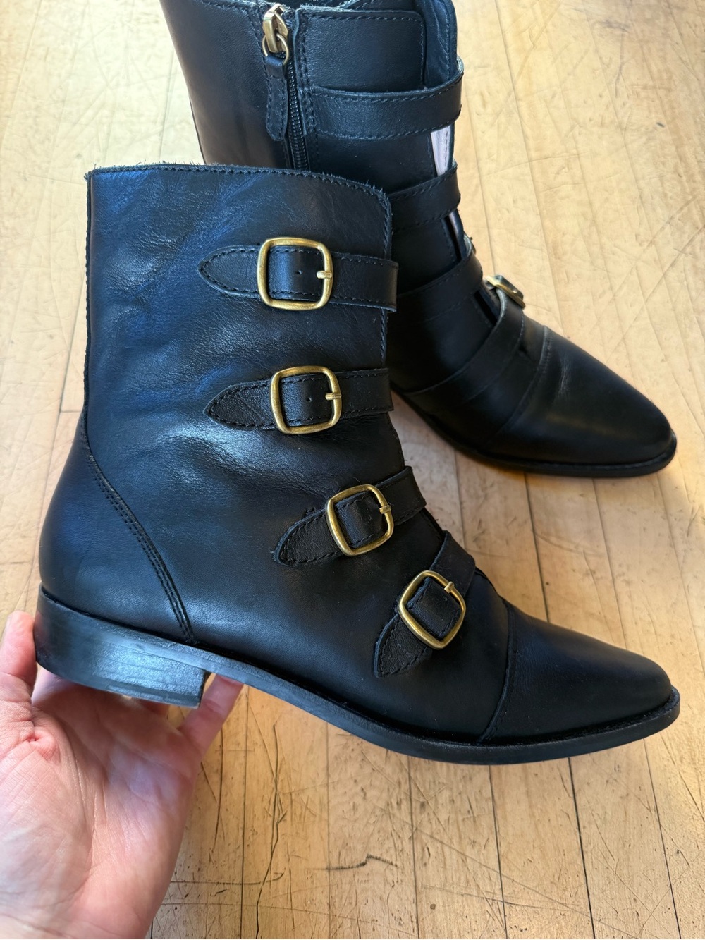 J.CREW Multi Buckle Leather Ankle Boot Zip Up Pointed Almond Toe Black US 8.5